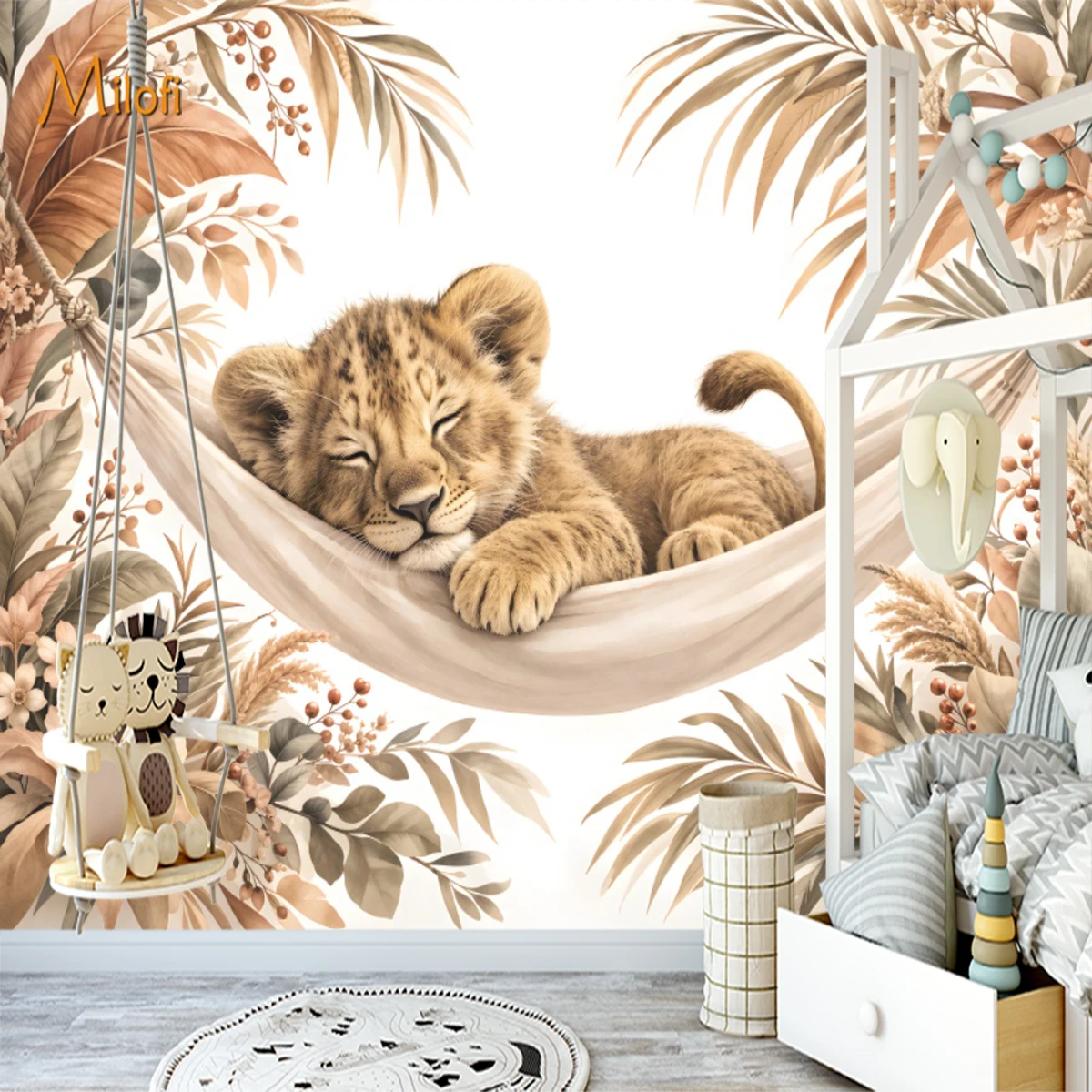 Milofi Customized 3D Cute Sleeping Baby Lion Wall Mural Boho Tropical Floral Leaf Wallpaper for  Nursery Home Wall Decor