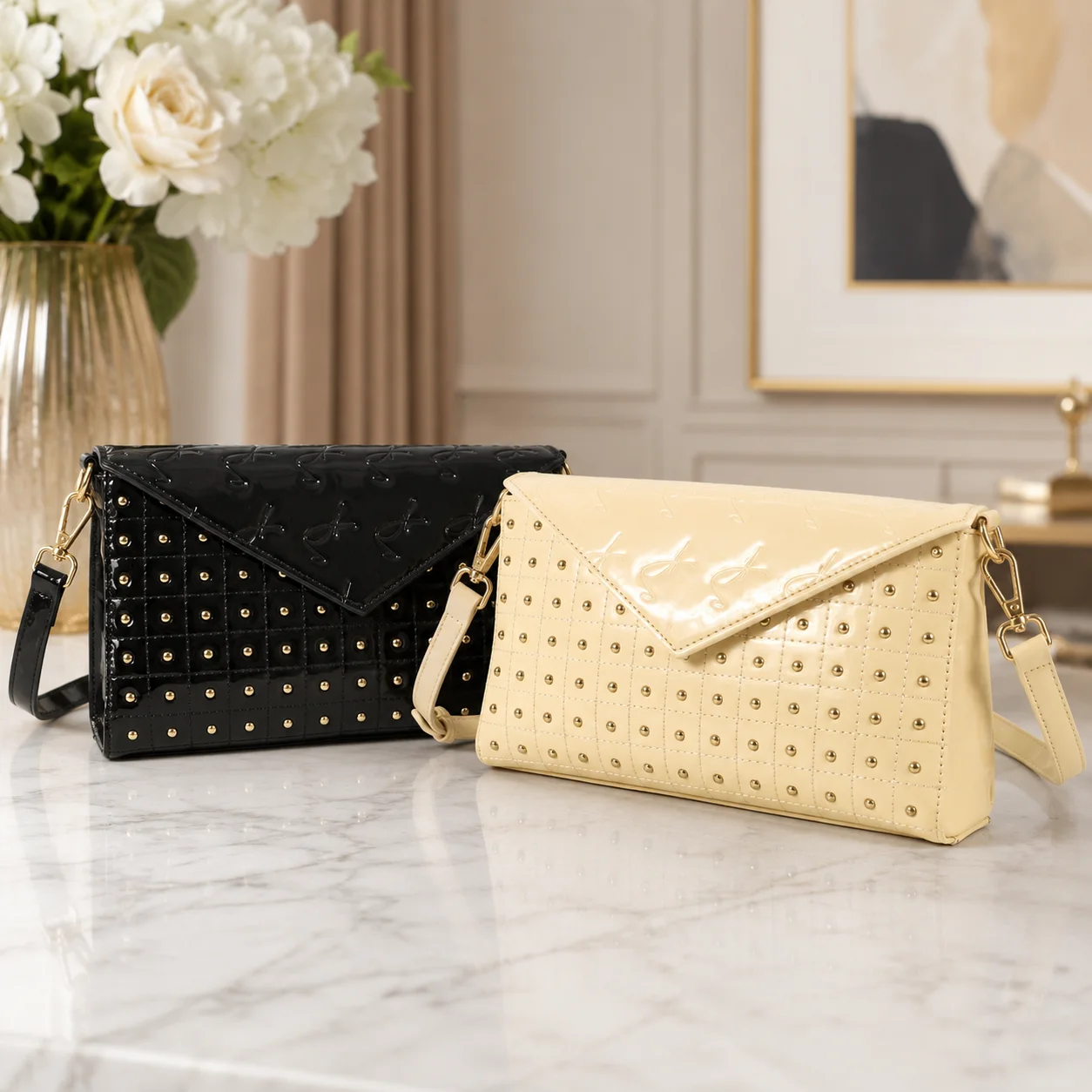 

Women Studded Envelope Crossbody Bag Patent Leather Grid Pattern Flap Shoulder Bag Casual Purse for Daily Shopping Party Work
