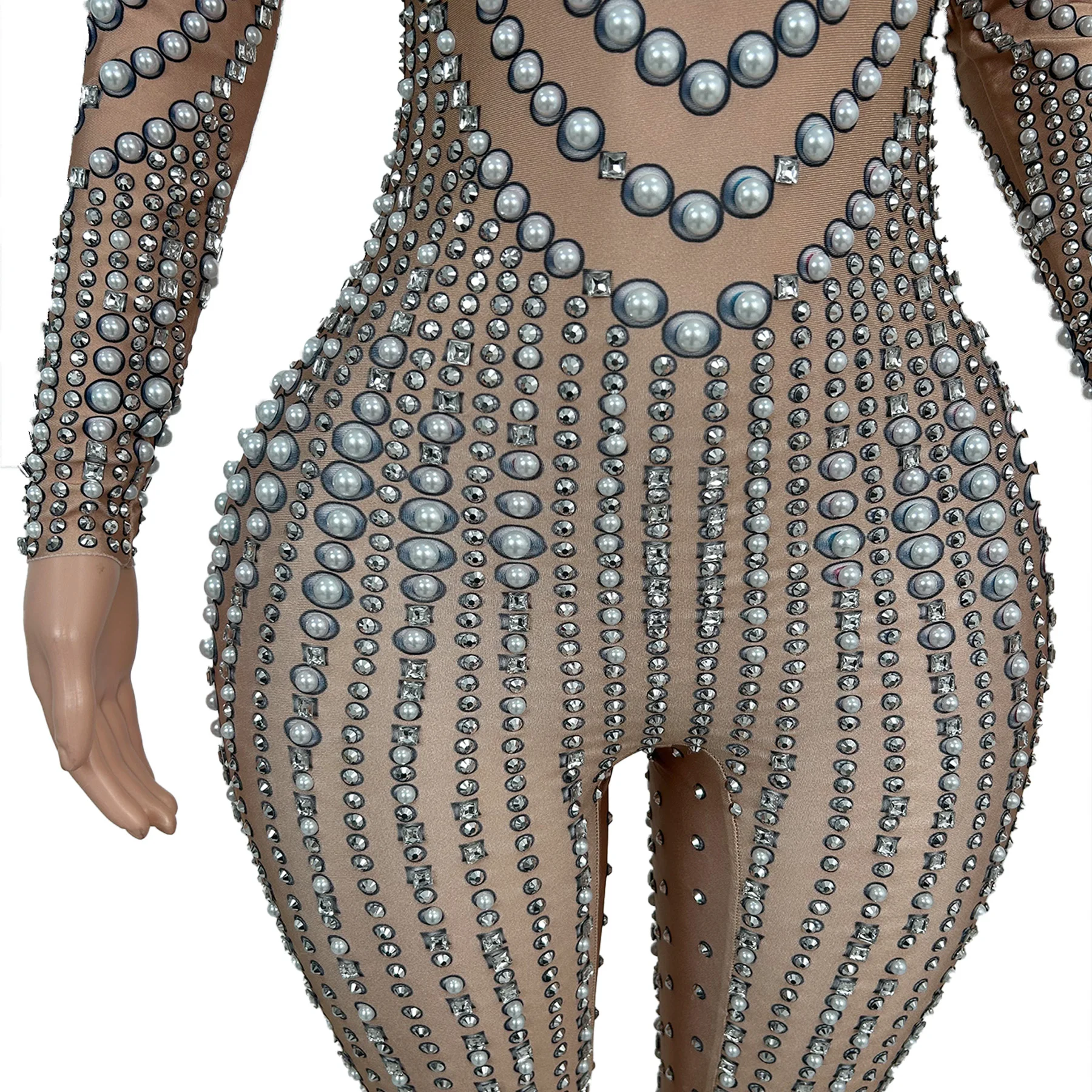 ชุดจั๊มสูทรัดรูปประดับมุกและคริสตัลสำหรับงานปาร์ตี้กลางคืน คาร์นิวัล  ชุดเต้นรำบนเวที ชุดดีเจ ชุดแสดง  เจิ้นจูหวัง