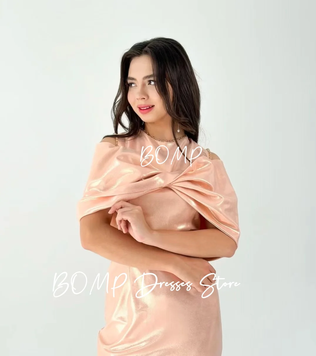 فساتين سهرة ZHIO لامعة بلون الشمبانيا ورقبة دائرية مع فيونكة مكشوفة الأكتاف من الساتان مناسبة رسمية فستان حفلات أعياد الميلاد مخصص أنيق