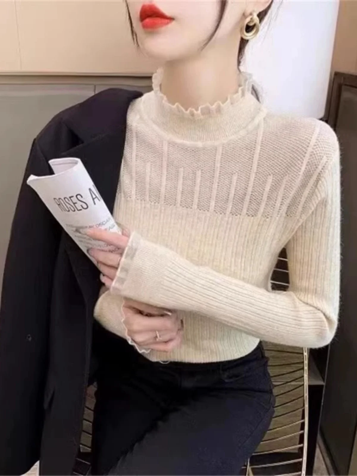 

Свободный вязаный топ с V-образным вырезом и длинными рукавами, базовый слой, женская модная одежда, весна-осень, новинка, корейский стиль, одна штука