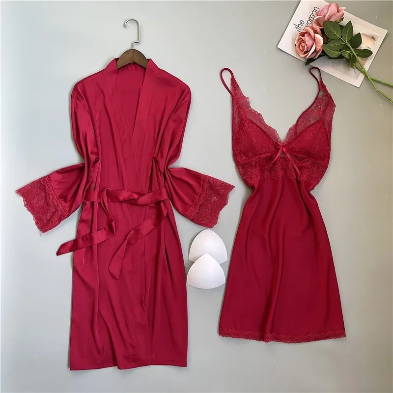 Summer Women Sleepwear Nightgown Pink Lace Bride Bridesmaid Wedding Robe Kimono Gown Sexy Sleep Set Silky Satin Loose Home Dress