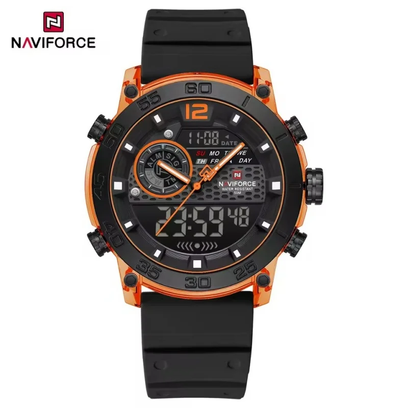 NAVIFORCE 6104 موضة جديدة الرياضة الإلكترونية ساعة كوارتز مقاوم للماء التقويم ليلة ضوء العرض المزدوج ساعة رجالية عادية reloj