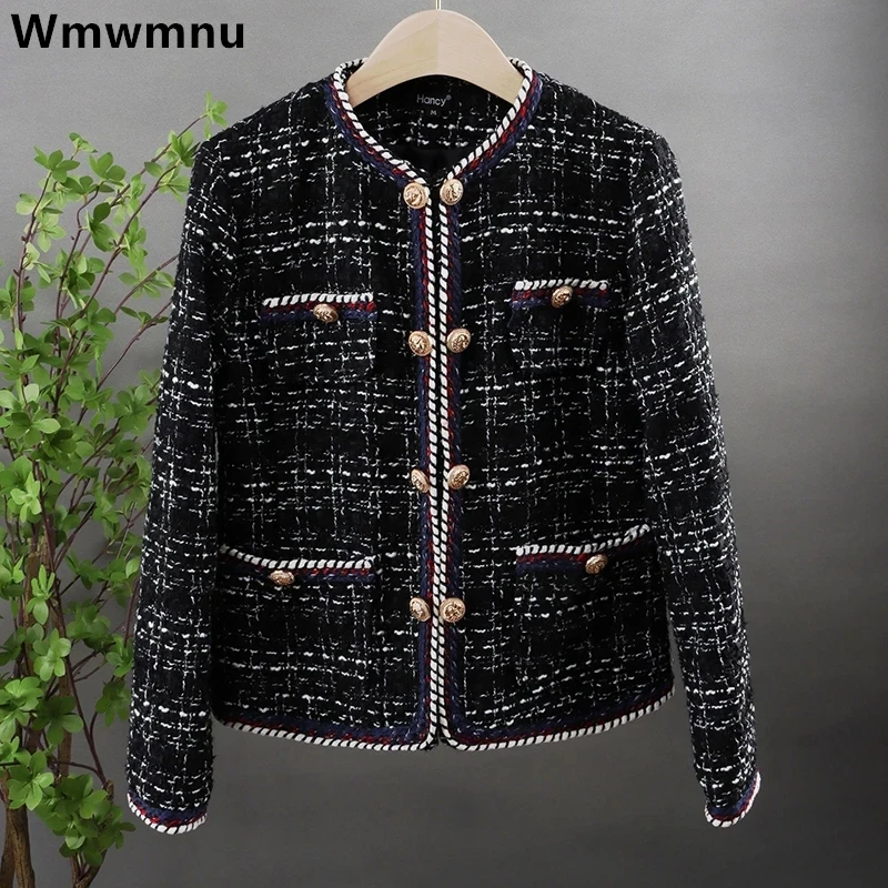 

Vintage Plaid Tweed Jackets Korean Slim New Wool Blend Double Breasted Casual Chaquetas Korean Casaco Women Woolen Coats