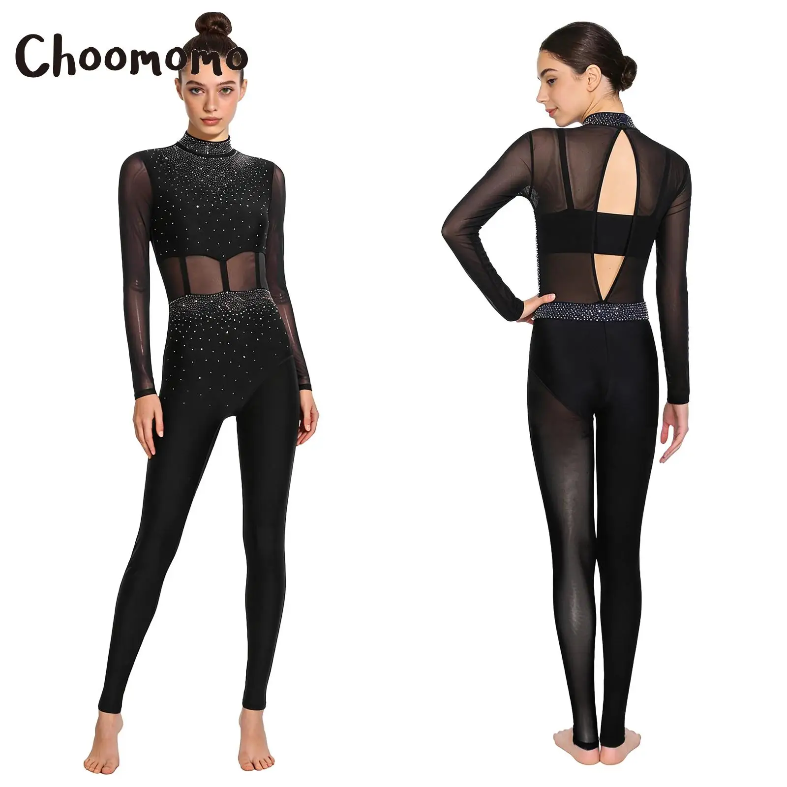 

Women Ballet Dance Leotard Workout Gymnastics Unitard Bodysuit Rhinestone Sheer Mesh Figure Skating Full Bodysuit Performance