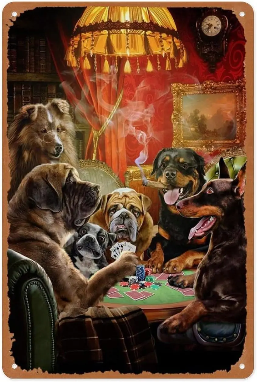 Vintage Metal Sign - Dogs Dog Playing Poker Game - 8x12 Inch Wall Art for Garage, Man Cave, Game Room, Coffee House Or Home Bar