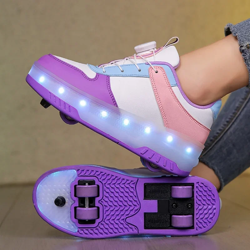 Sapatos de caminhada com luz led para crianças, fileira dupla, quatro rodas, patins de gelo, calçados unissex para crianças