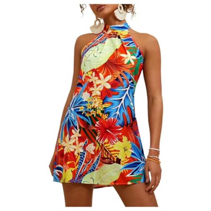 

Floerns Women's Sleeveless Floral Print Sundress Halter Neck A Line Short Dress