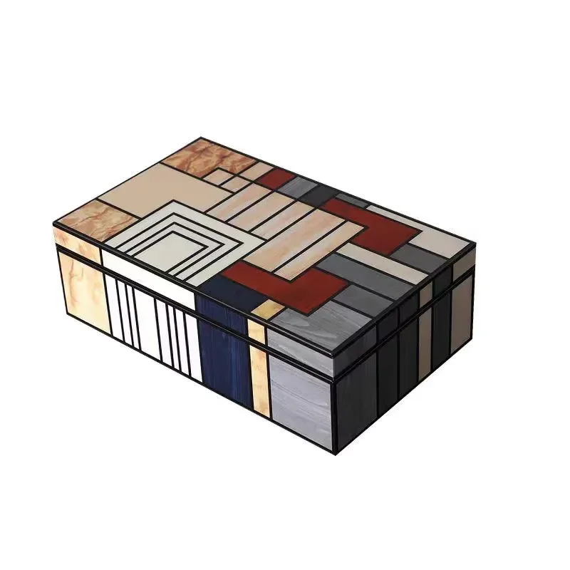 Modern simple square wooden jewelry storage box with textured leather finish, suitable for home decoration, office