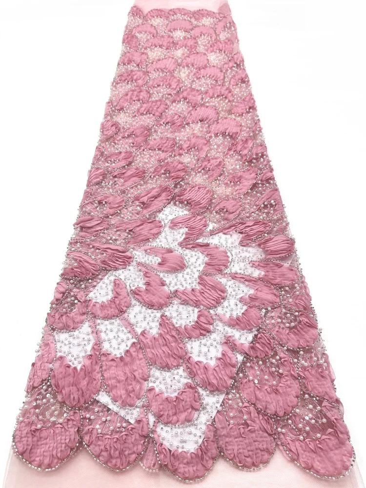 Pink African Beaded Lace Fabric 2026 Elegant French Sequins Lace Fabric Fashion Nigerian Tulle Lace Fabric For Party Dress