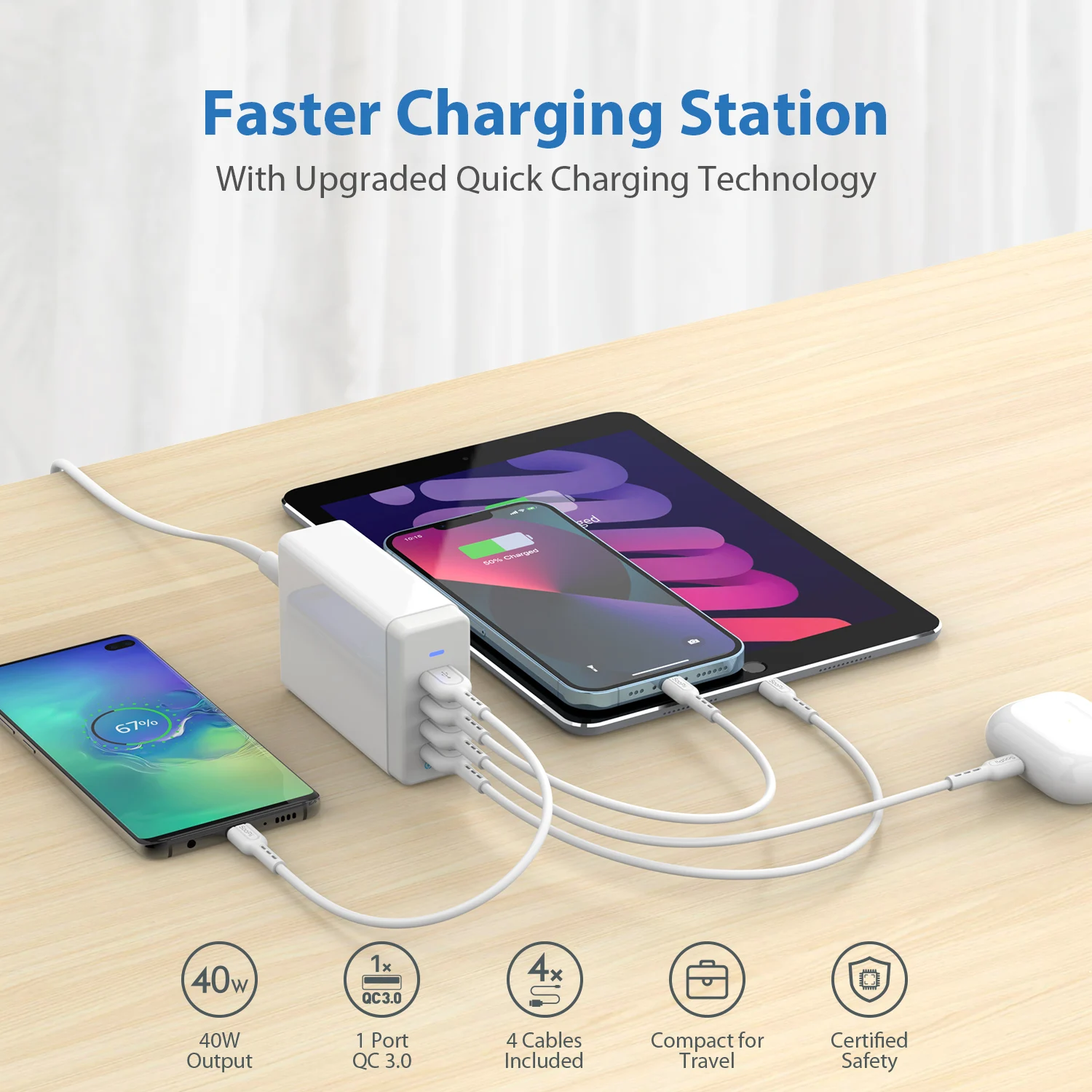 SooPii Premium QC 3.0 40W 4-Port USB Charger Station for Multiple Devices with 4 Mixed Cables for Phones Tablets and more