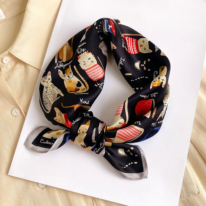 Spring/Summer Leisure Wraps 70cm Square Scarf Imitation Silk Hijab Women’s Cartoon Cat Print Shawl Breathable Neckerchief