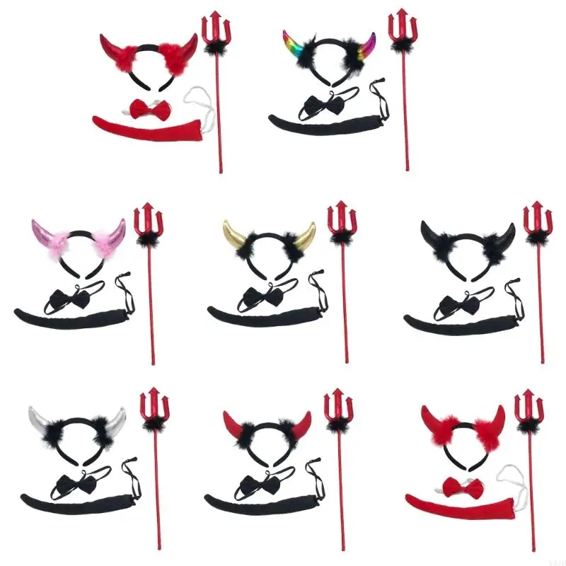 Y5JD Halloween Devil Trang phục Set Tail Bowtie Devil Horn Headband Red Pitchfleks