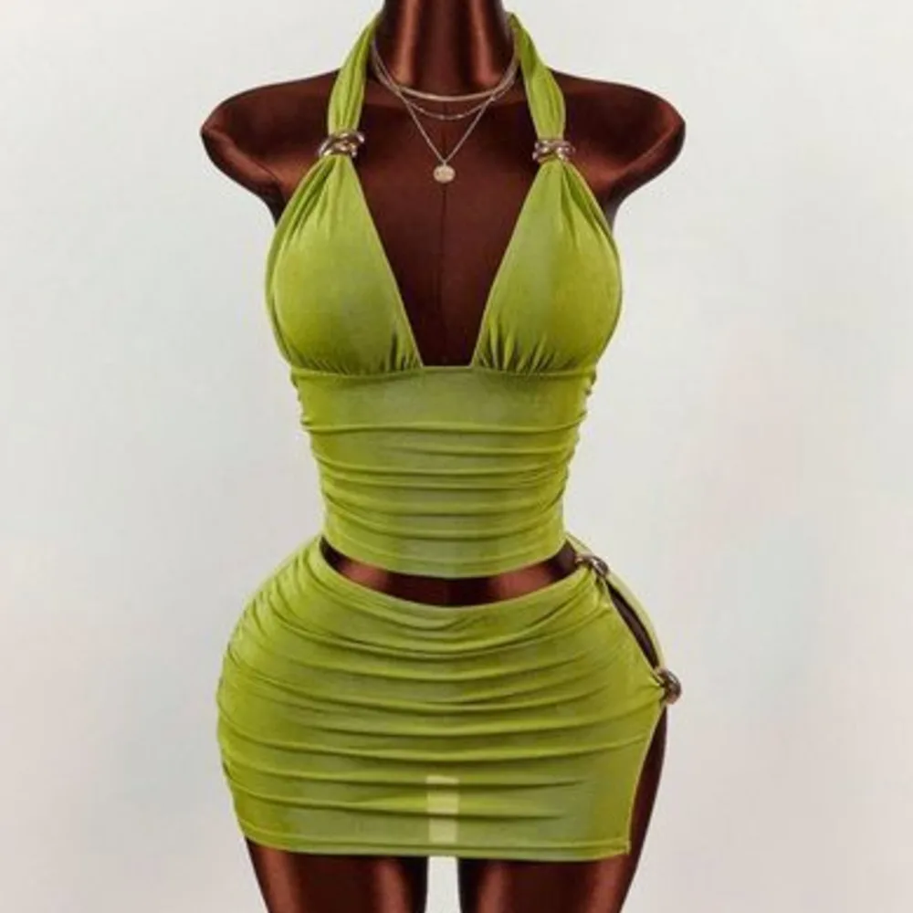 New Solid Color INS Slim-fit Sexy Hot Low-neck Halter Strap Tank Top And Bodycon Short Skirt Set