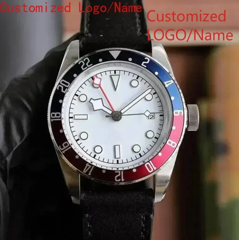 Automatic Mechanical Watch Men GMT Luminous Stainless Steel Black White dial Leather Ceramic Sapphire Watches Customized
