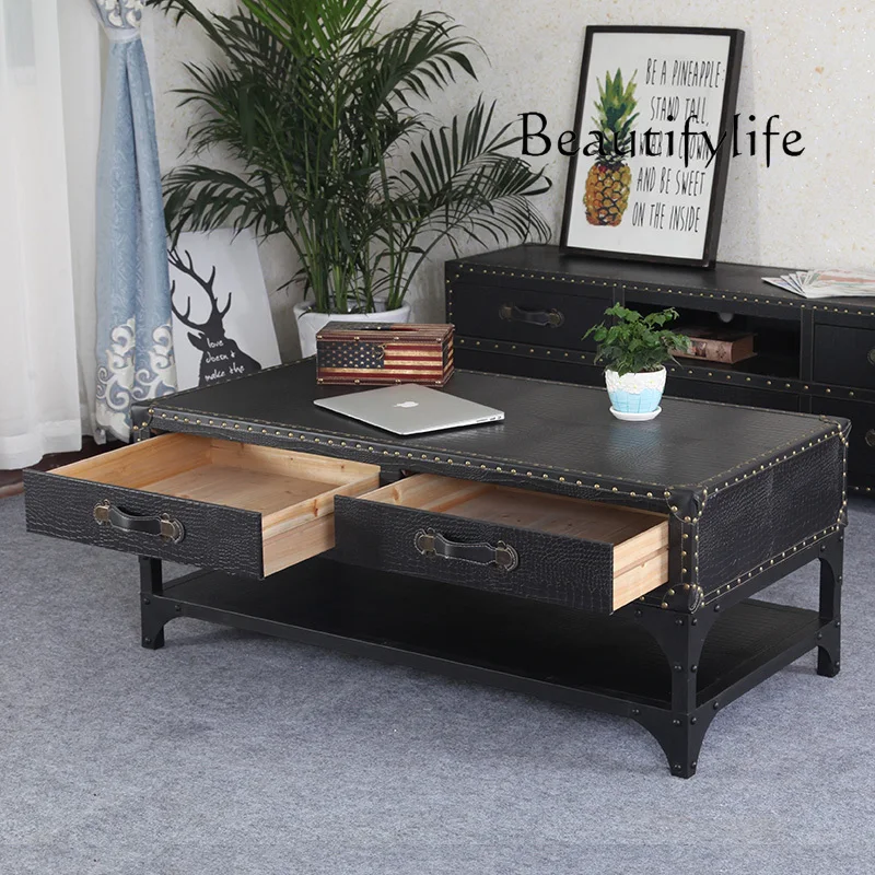 American Retro Leather Case Coffee Table European Style Distressed Storage Locker Ktv Bar Coffee Table