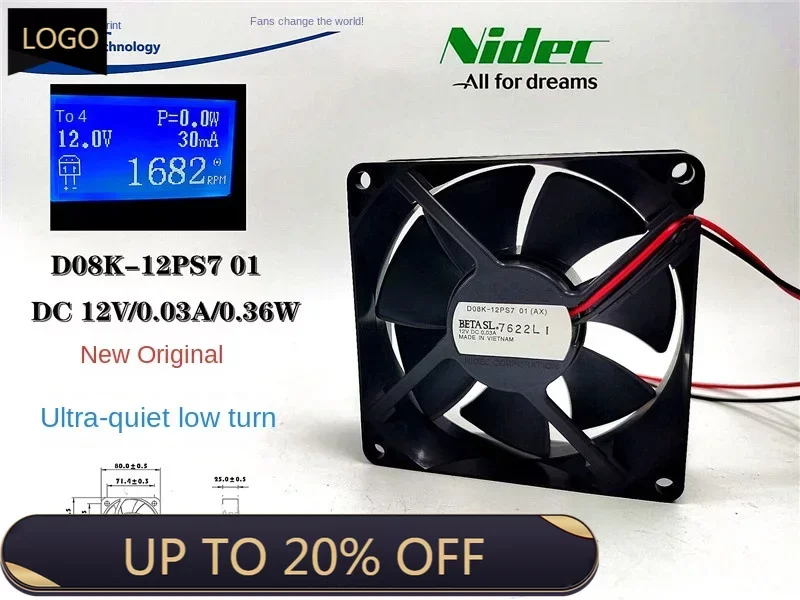 

New Nidec Mute D08k-12 PS7 Hydro Bearing 12v0. 03A 8025 8cm Chassis Cooling Fan 80*80*25MM