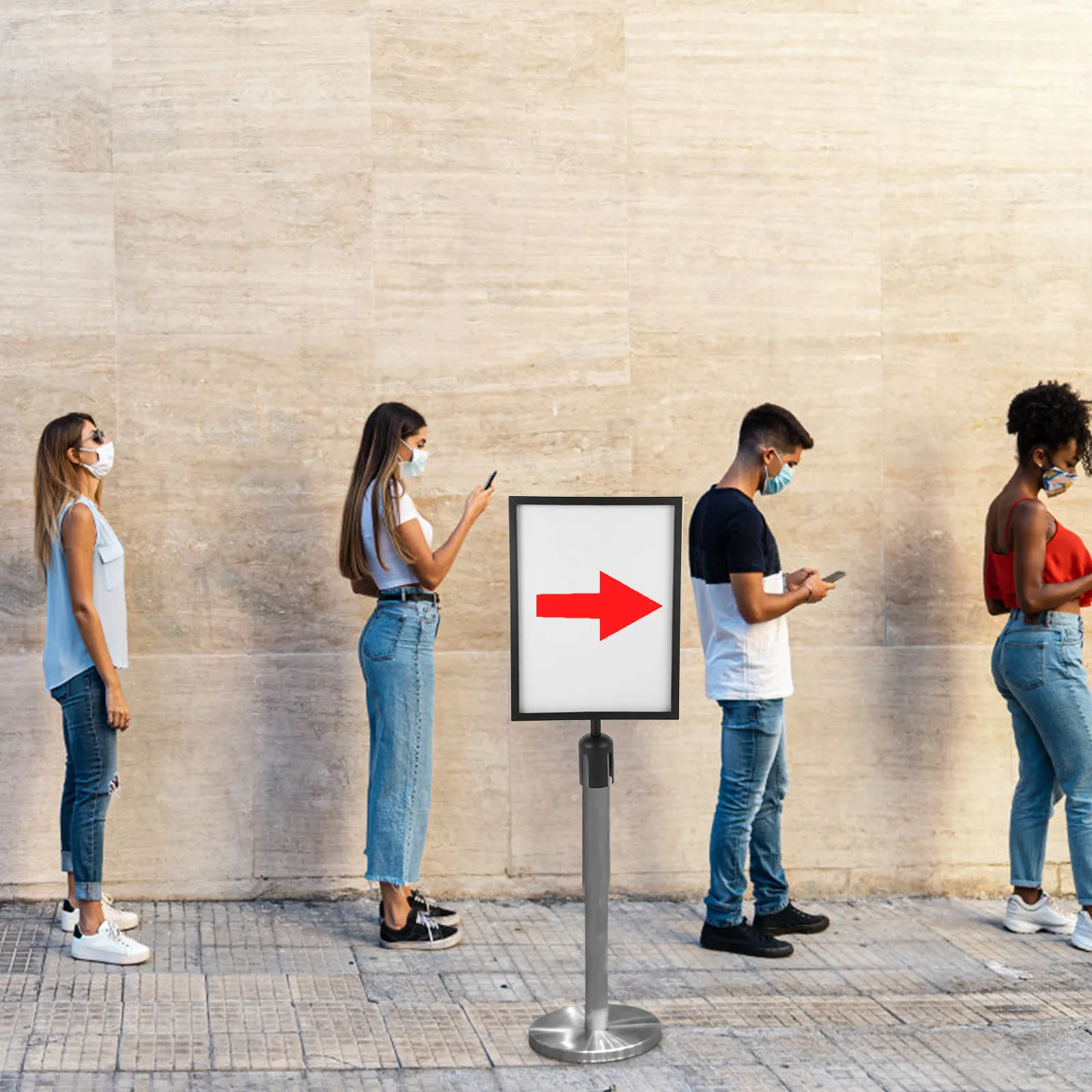 queue-barrier-stanchion-sign-holder-stainless-steel-vertical-retractable-belt-portrait-frame-a3-name-tag-wedding