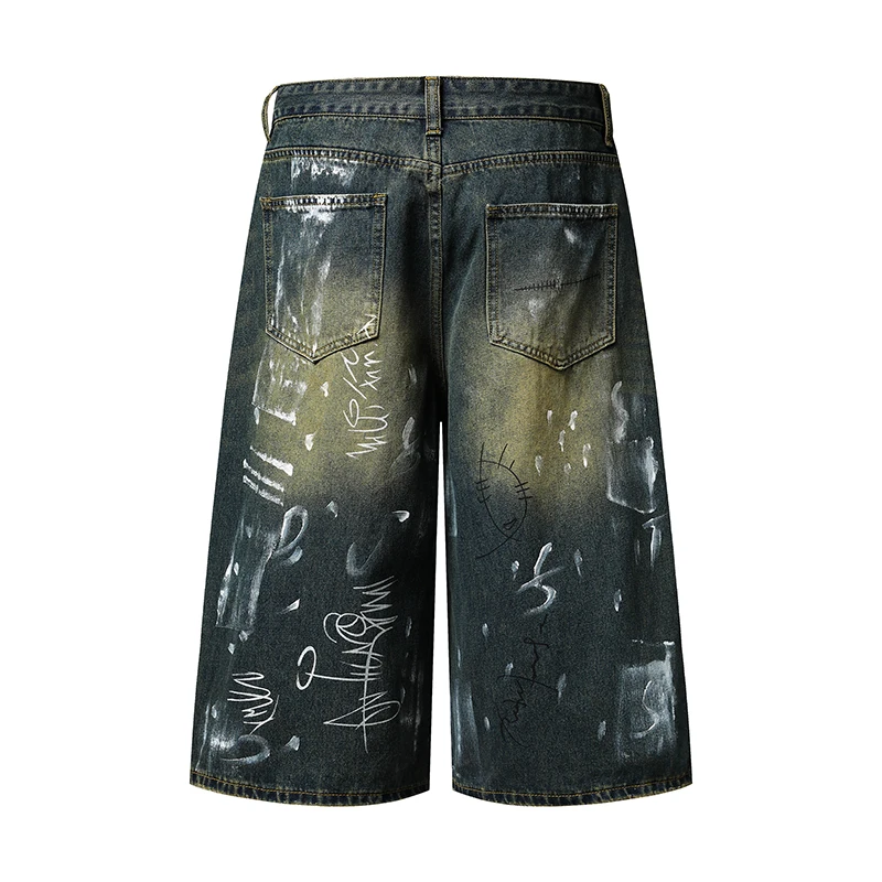 Men's Denim Shorts Jorts Casual Streetwear Baggy Jean Shorts Vintage Artistic Embroidery Loose Fit Seven Tenths Length