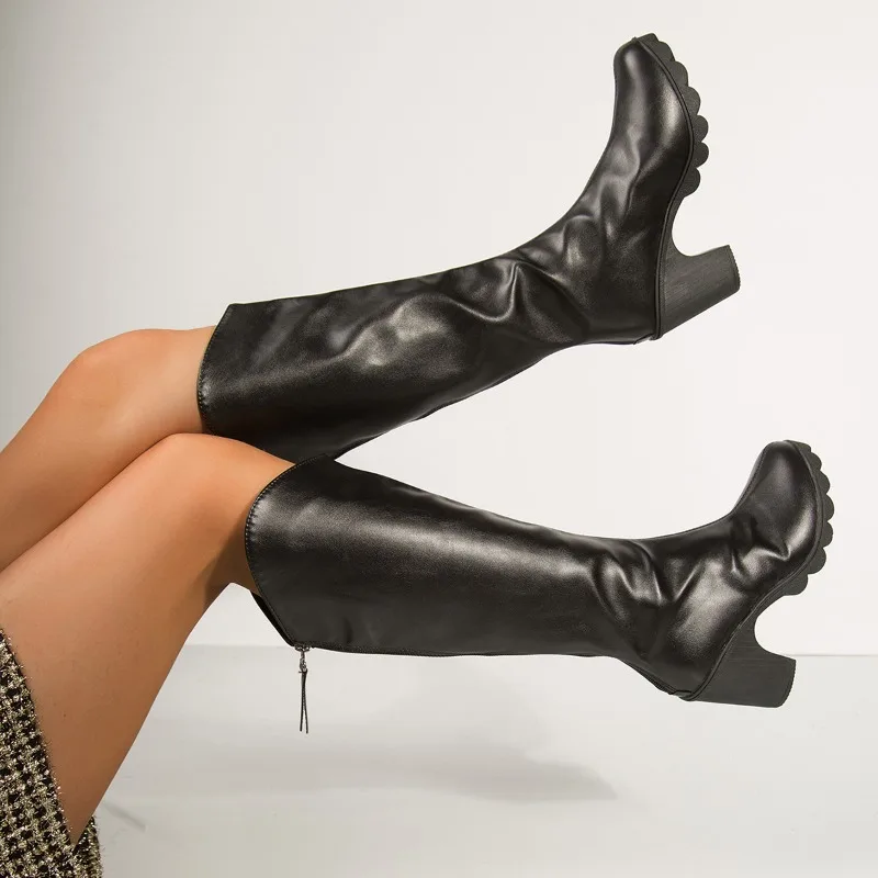 

Сапоги до бедра с круглым носком на блочном каблуке, новинка 2025 года, рыцарские сапоги на платформе и высоком каблуке для женщин