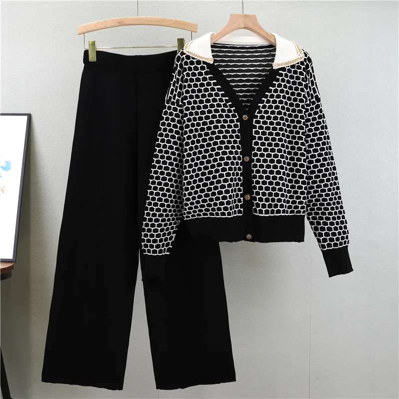 Autumn Winter Women Long Sleeve Contrast Color V Neck Pullover Sweater High Waist Loose Wide Leg Pants Knit Two Piece Set