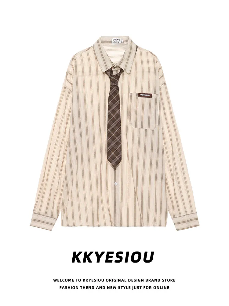

KKyesiou American Retro College Sle Striped Tie Long Sve irt ex Vintage Y2K Outerwear for Couples Spring Youth Trend