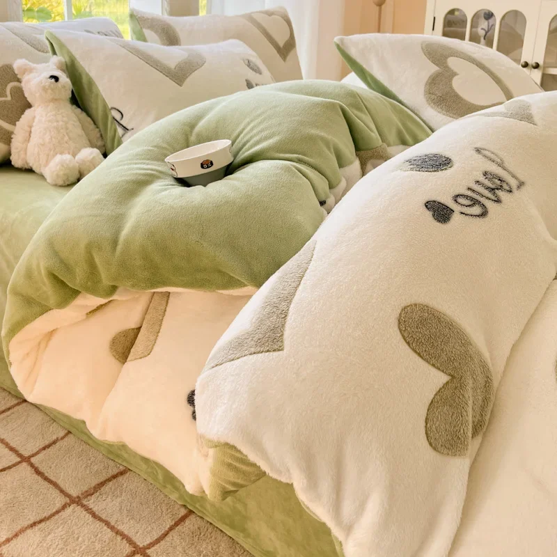 Cartoon Pattern Plush Quilt Cover Double Sided Plush Thickened Autumn Winter Duvet Hood Machine Washable Anti Static Bedding