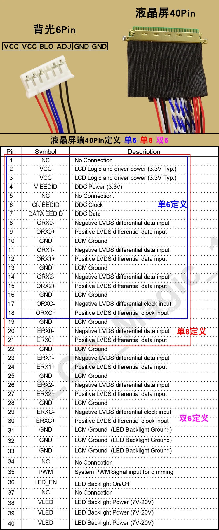 Driver Board Connection Laptop LCD Screen LVDS Cable I-PEX20453 6bit 1ch 2ch 8bit 1ch 25cm 40cm 60cm 1m 20455 40Pin LED 6Pin