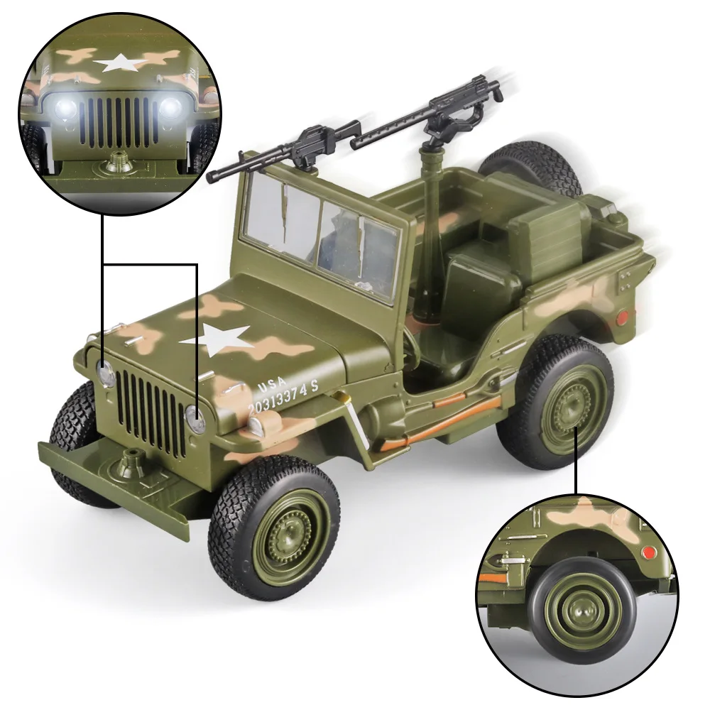 

WW2 1:32 Willys GP Military Off-road Armored Vehicle Alloy Diecasts Toy Vehicles Metal Car Model Sound LED Collection Display