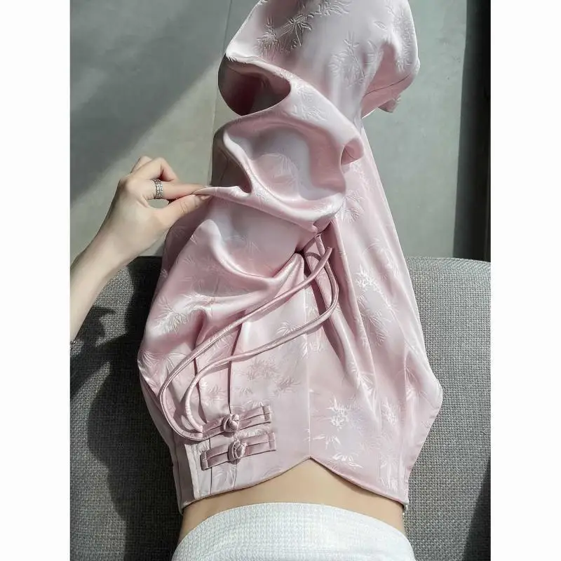 Pantalones rectos sueltos de cintura alta con bolsillo con nudo de botón Nuevos pantalones de pierna ancha de satén de estilo chino Pantalones de primavera y verano Rosa Negro