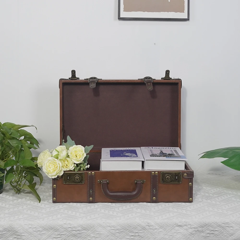 صندوق تخزين السفر الجلدي الأوروبي البريطاني العتيق، أمتعة مستطيلة خشبية كلاسيكية متعددة الوظائف #4