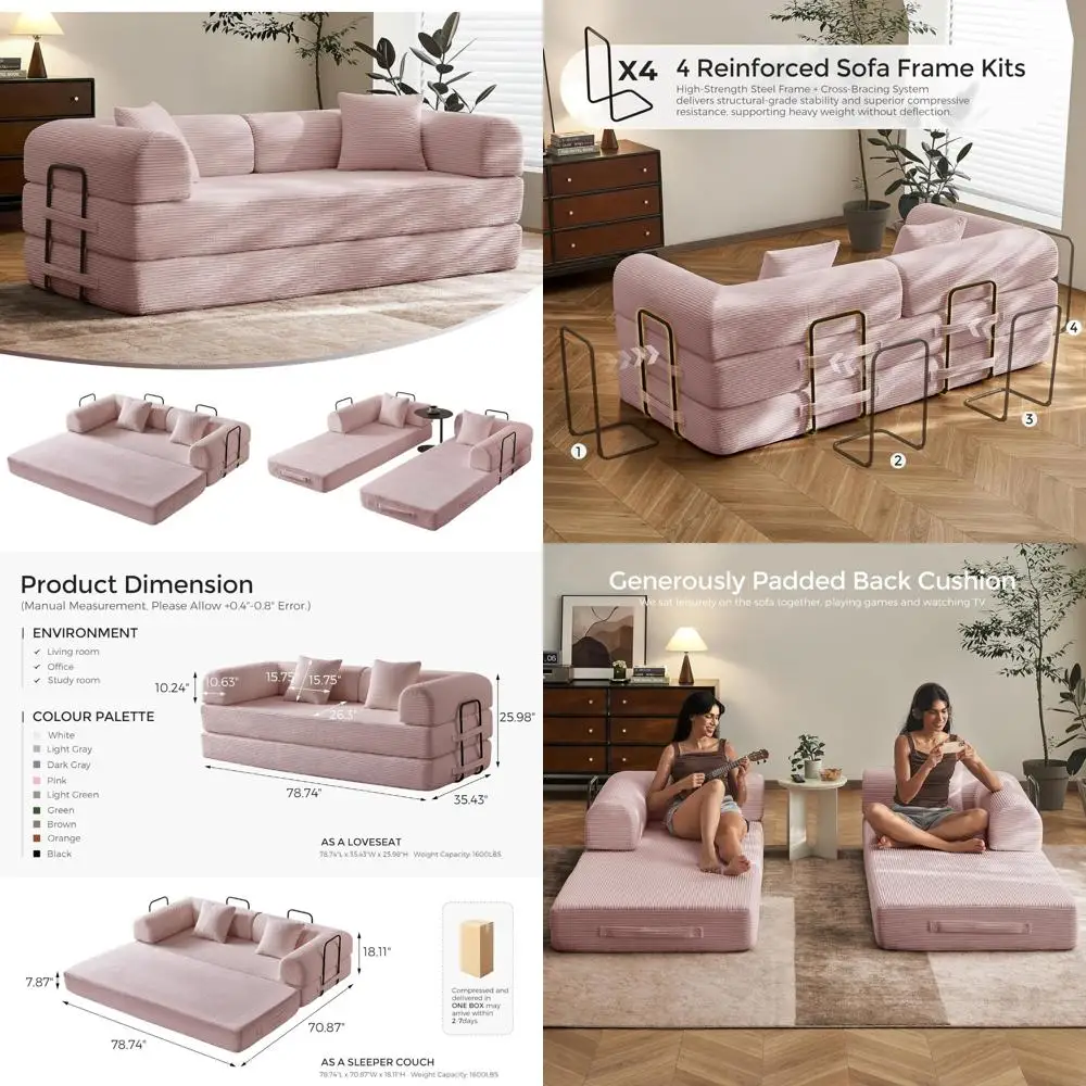 Convertible Sofa Bed with Fixed Frame and Removable Armrests, Corduroy Sleeper Couch, Folding Mattress for Small Spaces