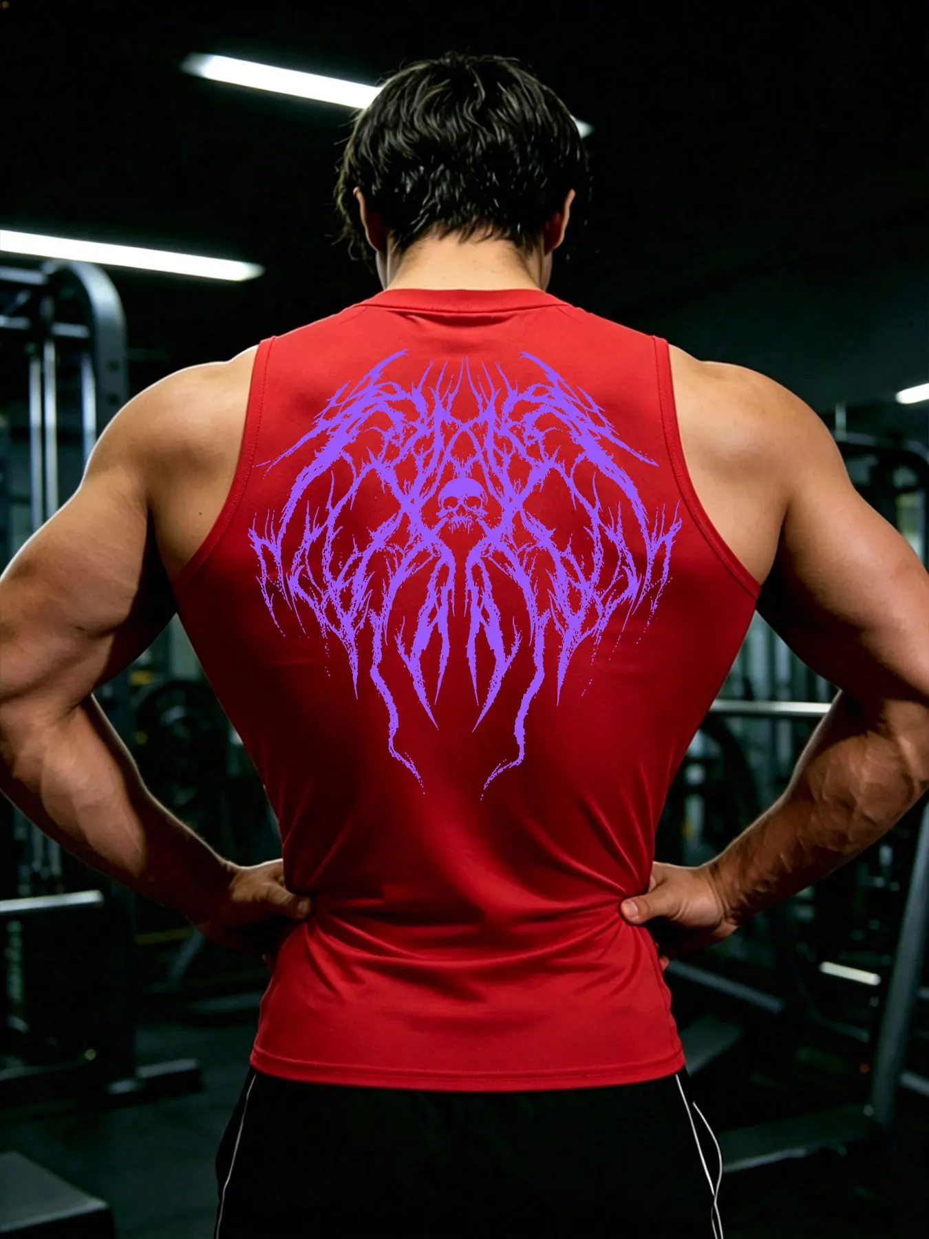 Herren Y2K Dark Gothic Art Print Kompressions-Tanktop, schnelltrocknend, ärmellos, Weste, Fitness, Bodybuilding, Workout, Muskel-Sportoberteil – Detail 4