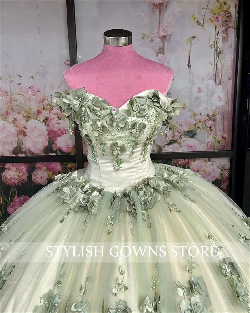 Light Green Off The Shoulder Ball Gown Quinceanera Dress For Girls Bead Birthday Party Gowns 3D Flowers Prom Dresses Customized