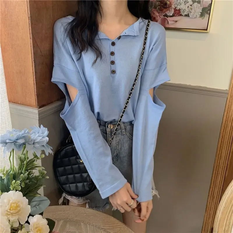 V Neck Striped Y2K Tops Tees Spring Summer New Long Sleeve Hollow Out Loose Button Trend T Shirts Fashion Casual Women Clothing