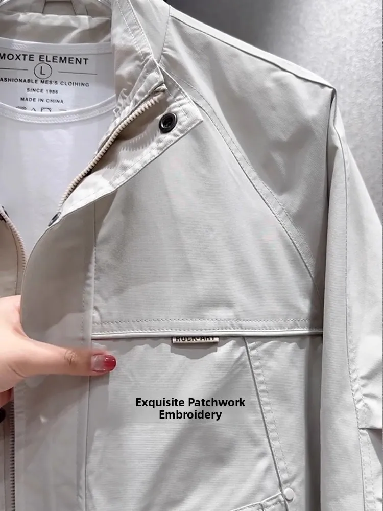 

Faionable Outdoor Workwear Jaet Men's Trendy Pure Color Patchwork Stand Collar Zipper Decorated Slim Fit Polyester Jaet