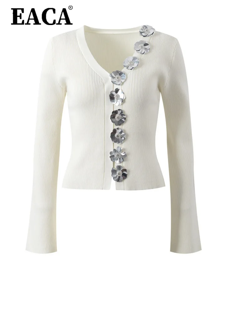 

EACA Simple Temperament V-neck Knitted Cardigan Women's 2025 Autumn New Item Bright Flower Niche Design Slim Fit Top