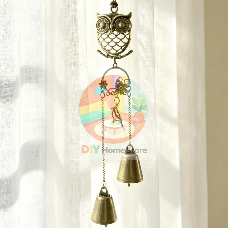 Forest-style Metal Owl Double Bell Wind Chime Entryway Door Decoration Christmas And Thanksgiving Gift