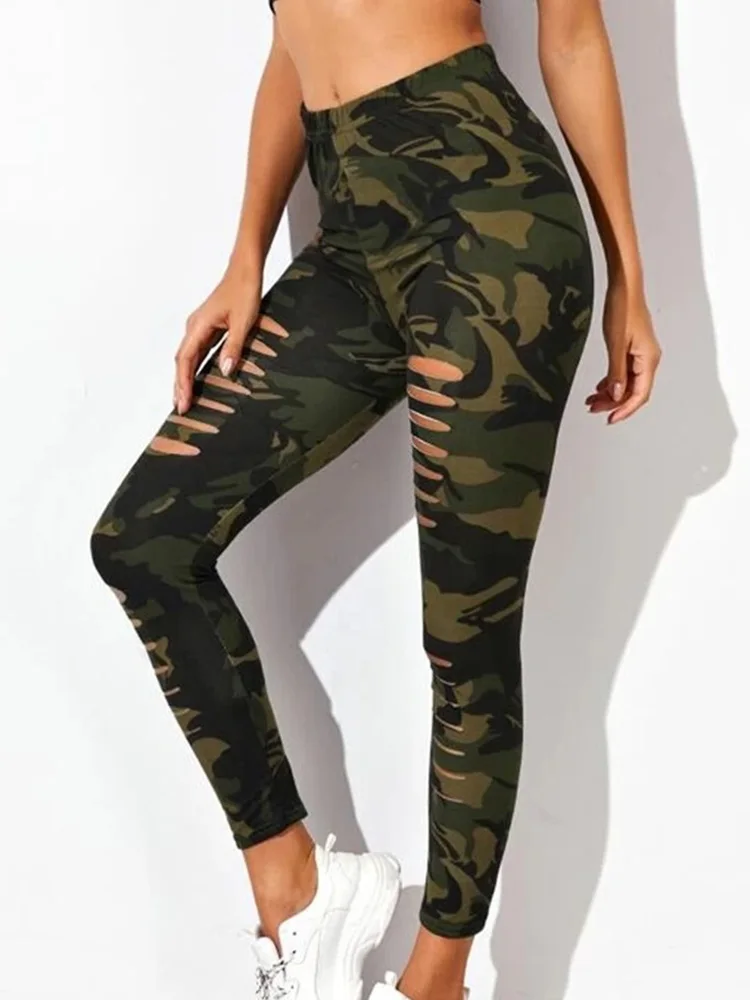 Summer Camouflage Printed Leggings Women Cutout Ripped Slim Stretch Trousers Army Green Leggins Sexy Pants