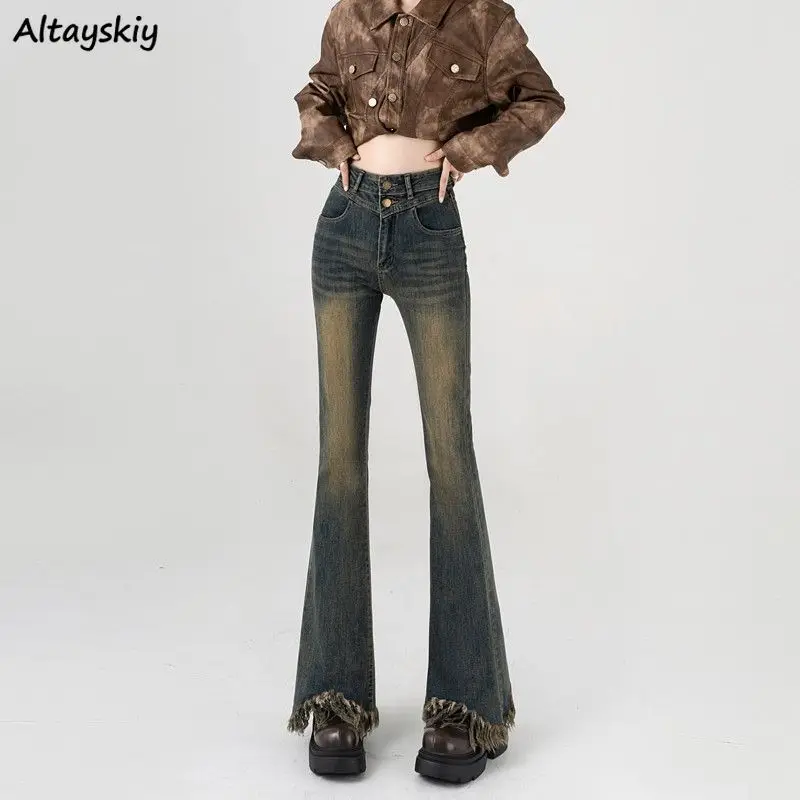 

Flare Jeans Women Washed High Waist Vintage Blue Raw Edge Skinny All-match Vaqueros Korean Style Hot Girl Streetwear Stylish