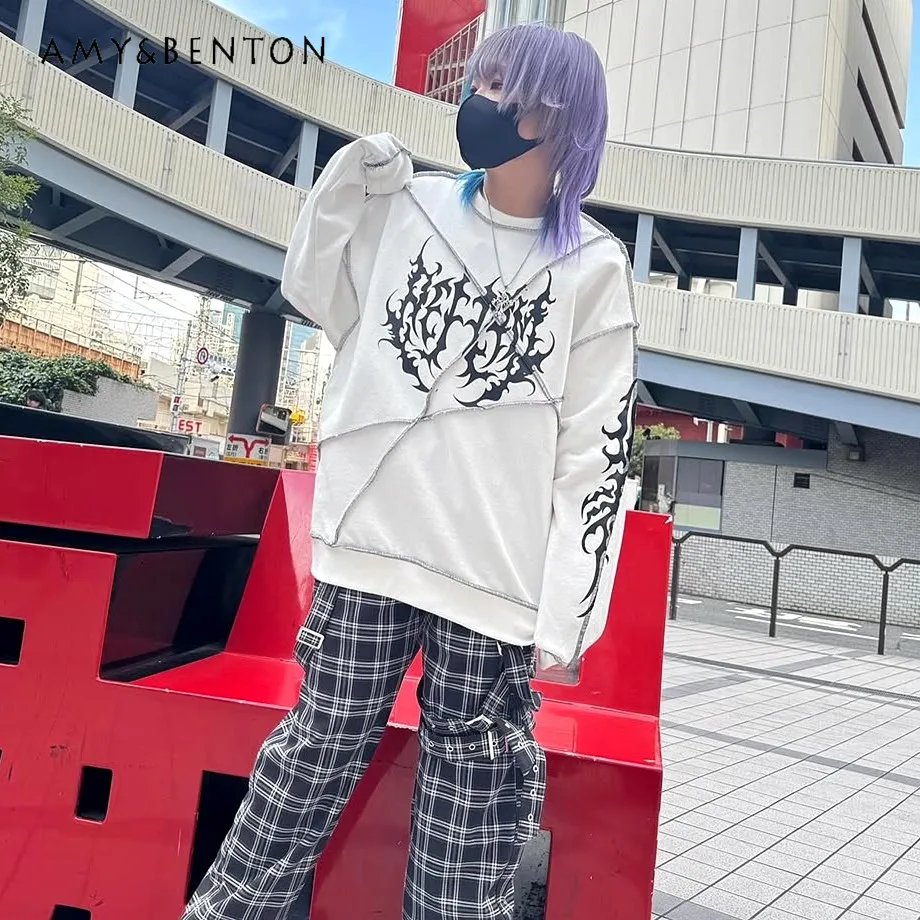 Japanese Harajuku Style Deconstructed Retro Washed Gothic Print Long Sleeve Sweatshirt Subculture Punk Style Oversized Hoodie