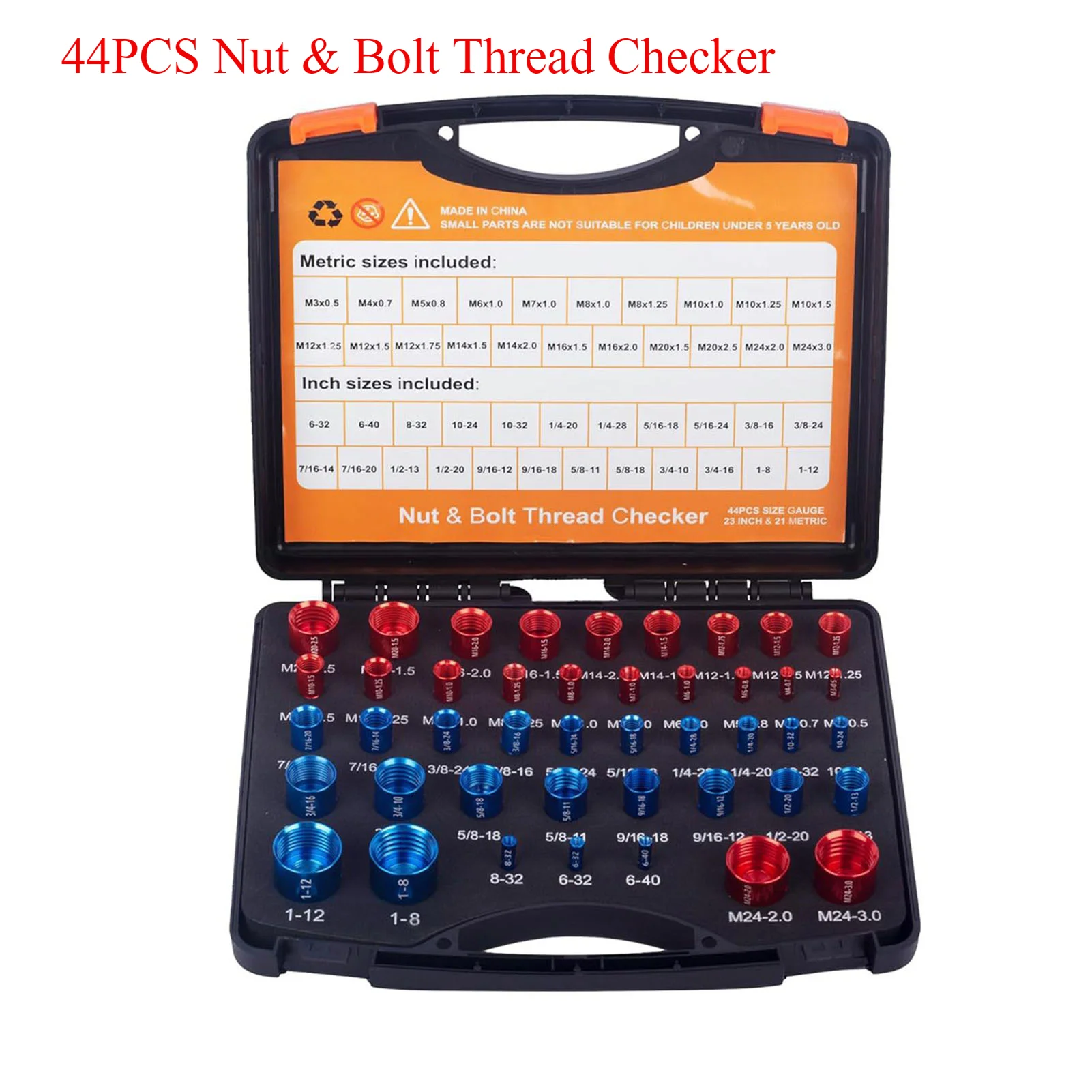 

44PCS Nut and Bolt Thread Checker Carbon Steel Bolt Nut Identifier Gauge Measuring Tool with Storage Box for Maintenance Repair