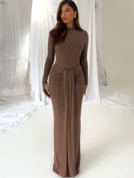 Women Elegant O-neck Long Sleeve Bandage Evening Dress 2024 Fall Winter Solid Color Bodycon Folds Long Party Dresses High Street