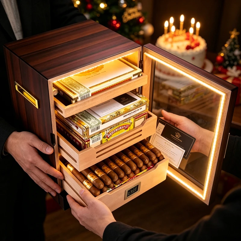 

Luxury Wooden Cigar Humidor Cabinet Holds 150 Cigars with Electric Humidifier 3 Layers Drawers Storage & LED Light for Gift