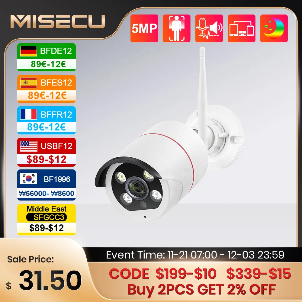 MISECU 5MP Wireless AI IP Camera Two-way Audio Outdoor Color Night WIFI Face Detect Audio Recorder Surveillance Securrty Camera