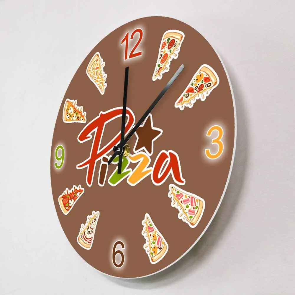 Italian Food Art Pizza Slice Print Wall Clock For Kitchen Dinning Room Type Of Pizza Menu Display Decorative Business Sign Clock