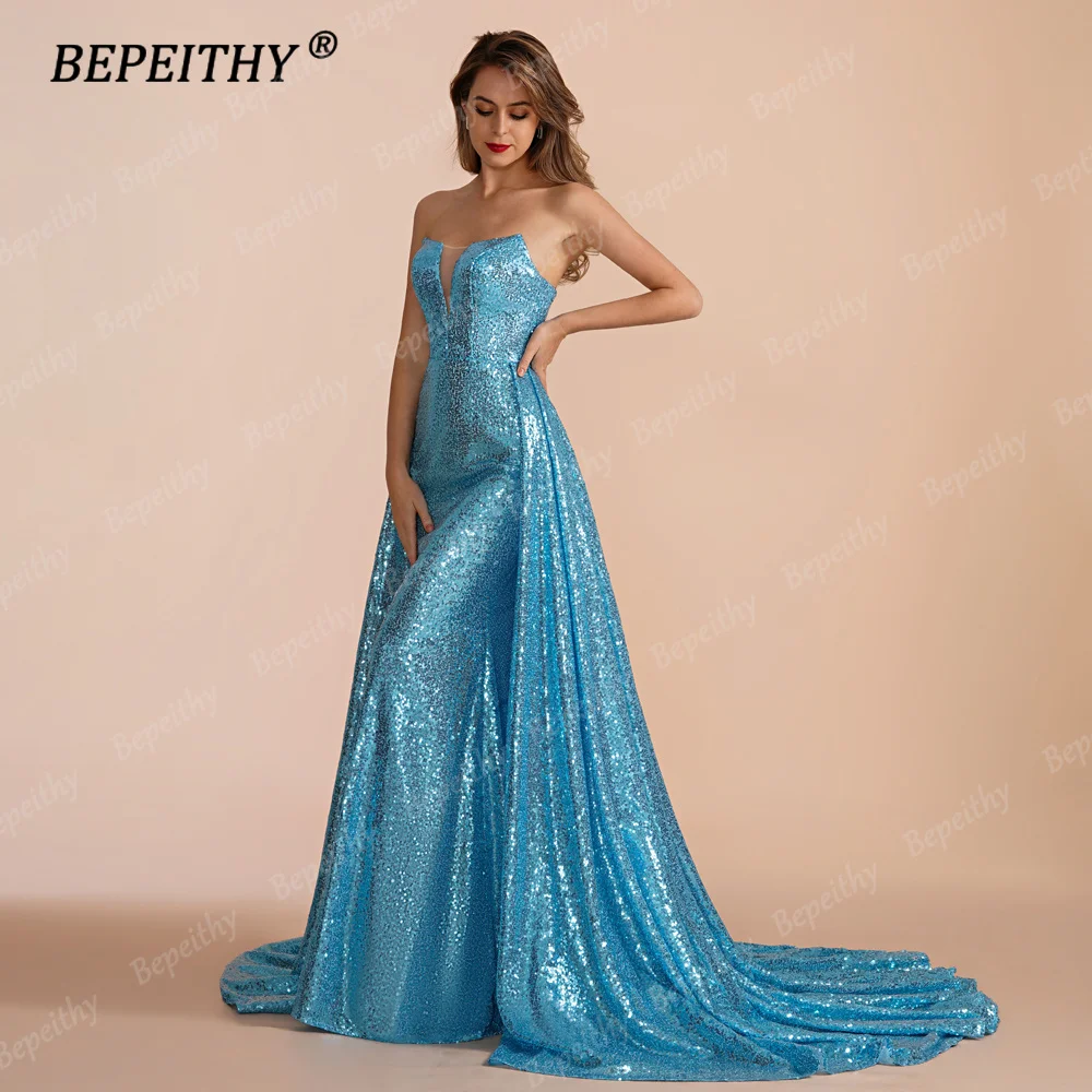 BEPEITHY Customized Strapless Blue Sequins Evening Formal Occasion Dress 2023 For Women Vintage Prom Party Gown With Court Train