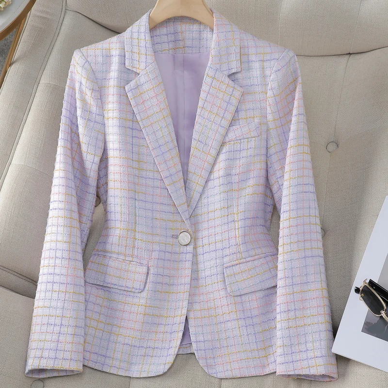 Fashion Women Casual Blazer Ladies Long Sleeve Purple Blue Green Yellow Plaid Female Jacket Coat For Autumn Winter S-4XL
