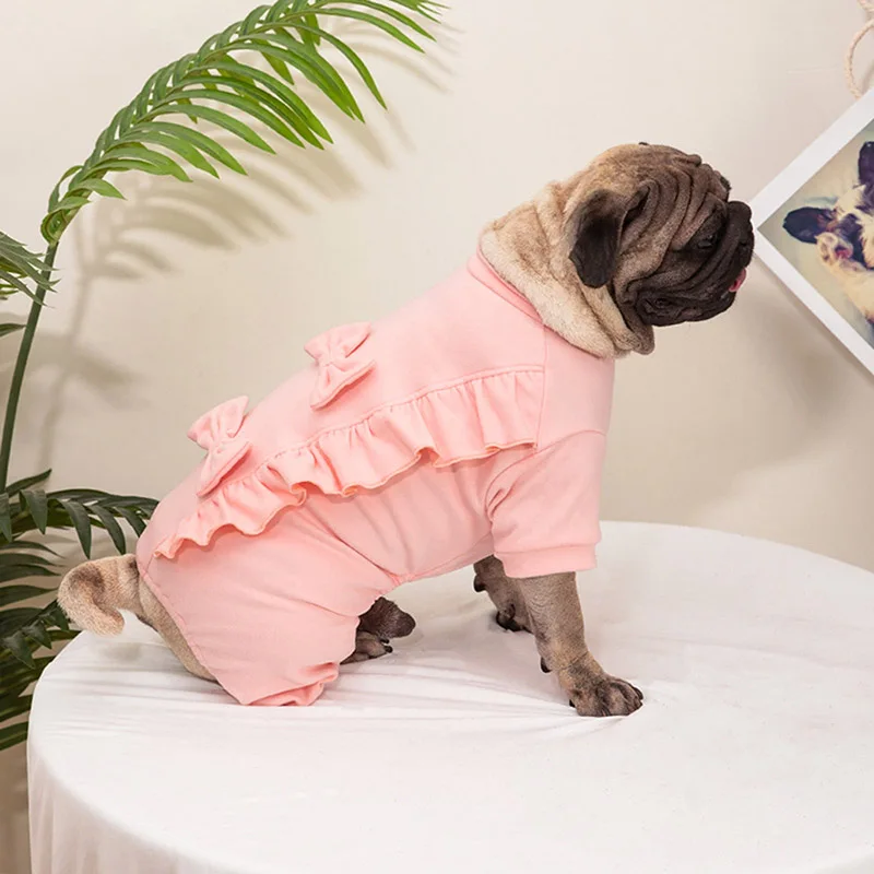 Cute Dog Pajamas Bodysuits with 3D Bow Ruffled Four-Legged Warm Pet Clothes for Small and Medium Dog