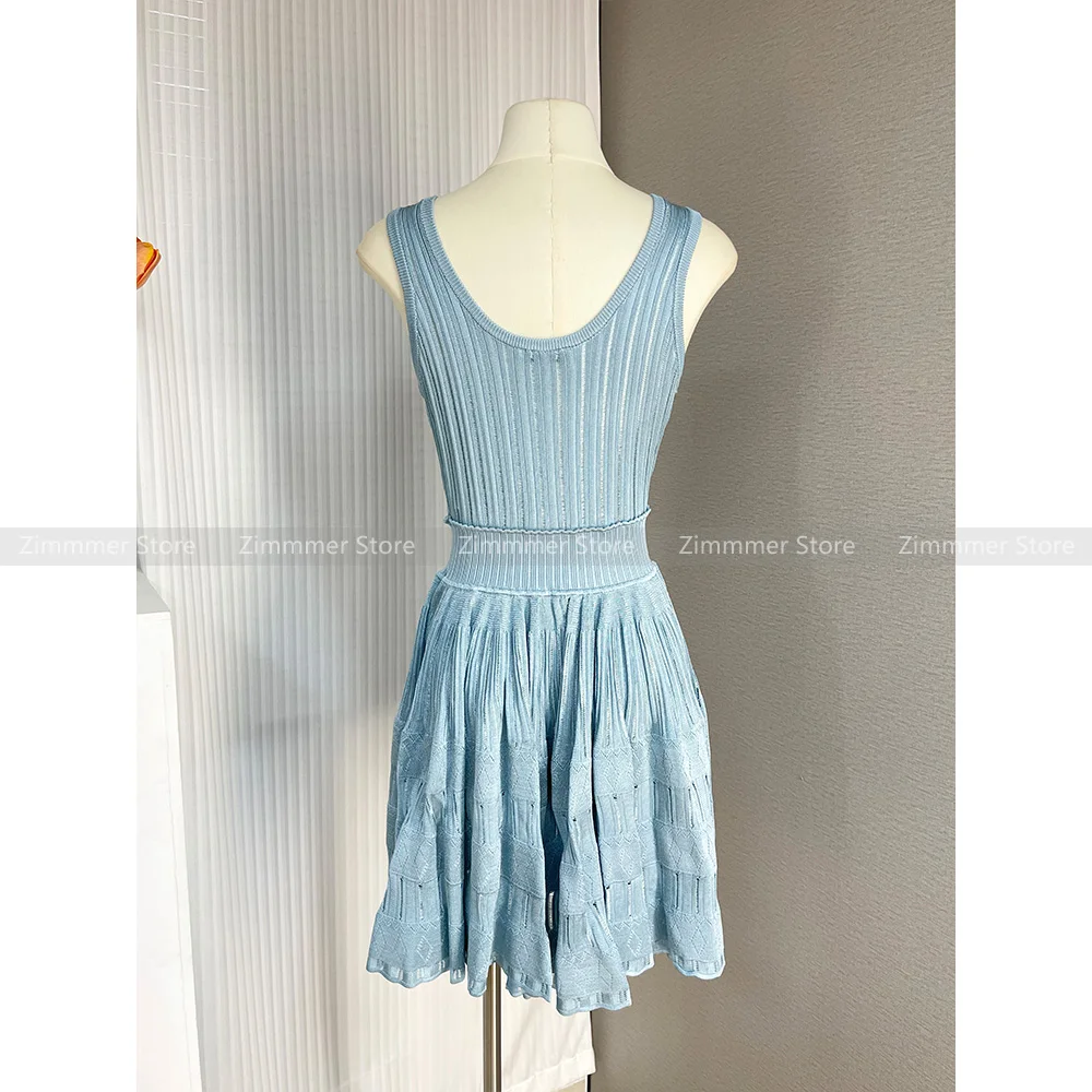 Blue Slim knitted vest skirt women summer 2024 new pure desire pleated waist thin short skirt